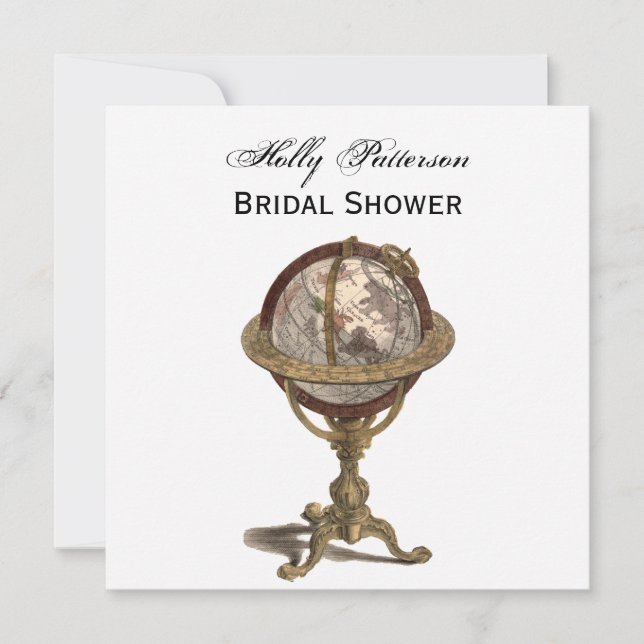 Antique Globe White BG SQ Bridal Shower Invitation (Front)