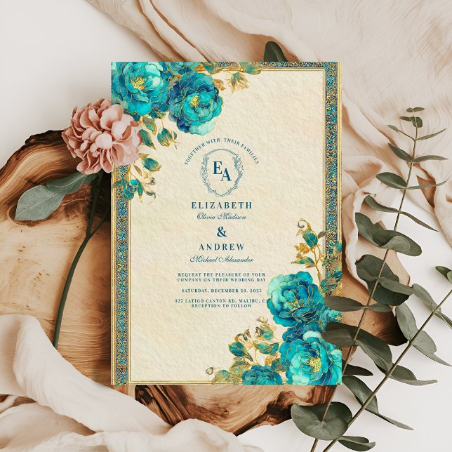 Antique Gold and Teal Botanical Wedding Invitation (Creator Uploaded)