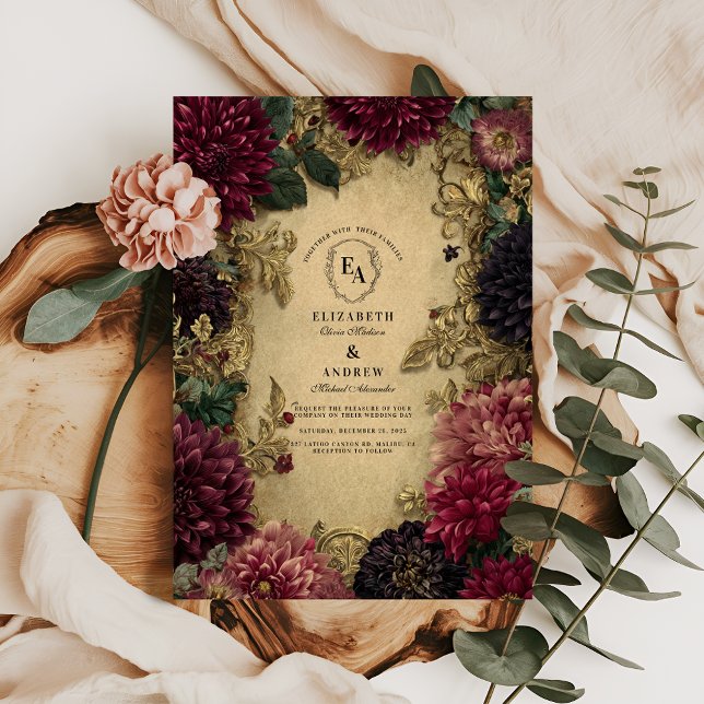 Antique Gold Baroque and Burgundy Dahlia Romance Invitation (Creator Uploaded)
