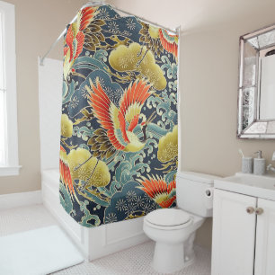 Antique Gold Blue Japanese Kimono Floral Bird Shower Curtain