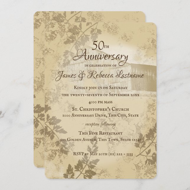 Antique Gold Country Barn 50th Wedding Anniversary Invitation (Front/Back)