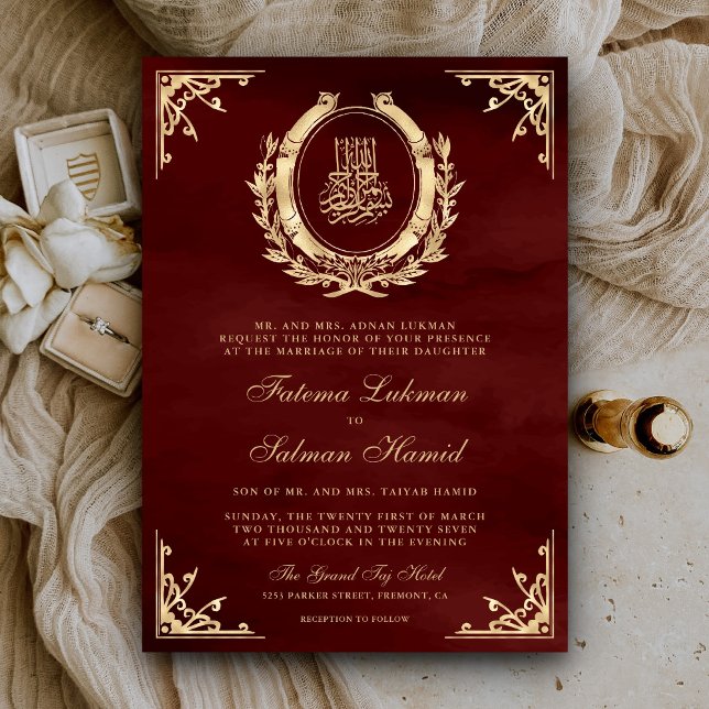 Antique Gold Crest Burgundy Red Muslim Wedding Invitation (Creator Uploaded)