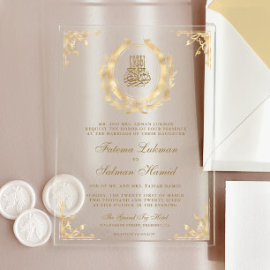 Antique Gold Crest Muslim Wedding Acrylic Invitations