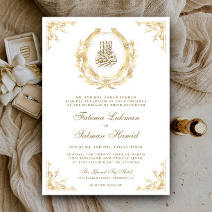 Antique Gold Crest White Muslim Wedding Invitation