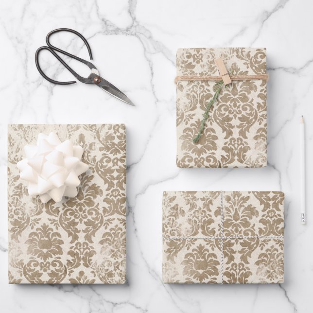 Antique Gold Damask Pattern Wrapping Paper Sheet (Front)