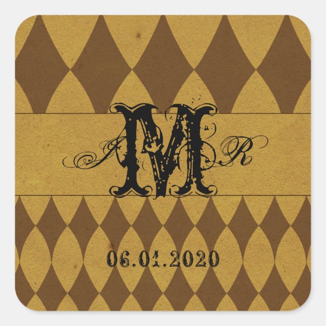 Antique Gold Diamond Harlequin Monogram Sticker (Front)
