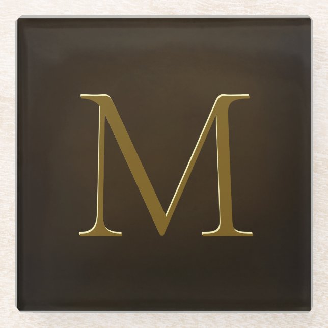 Antique Gold Embossed Monogram Personalised Square Glass Coaster (Front)