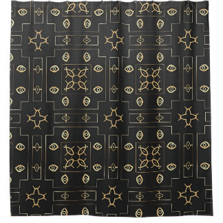 Antique Gold Eye Motif on Black Shower Curtain