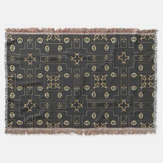 Antique Gold Eye Motif on Black Throw Blanket