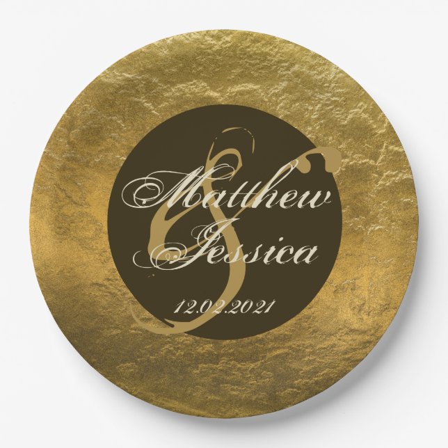 Antique Gold Faux Metal Personalised Name Date Paper Plate (Front)