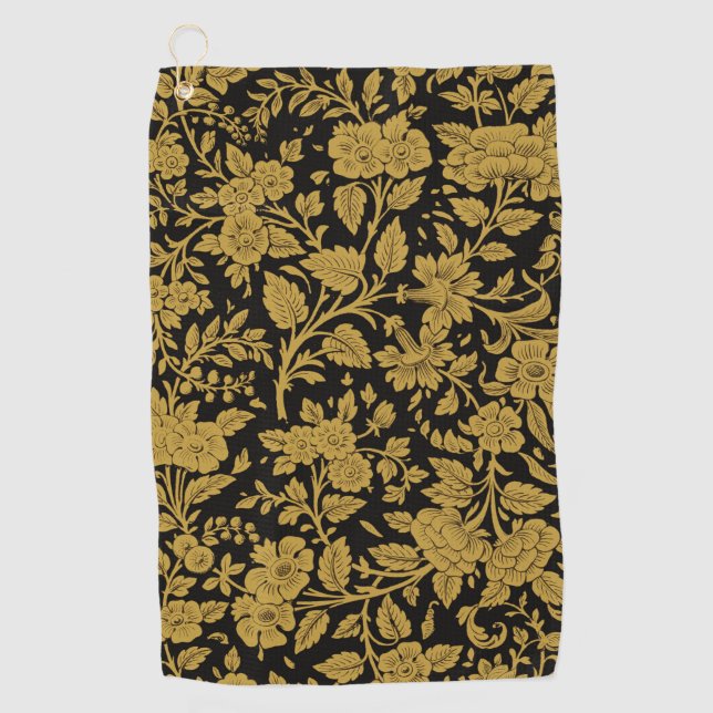 Antique Gold Floral Indian Lac-work Black Pattern Golf Towel (Front)