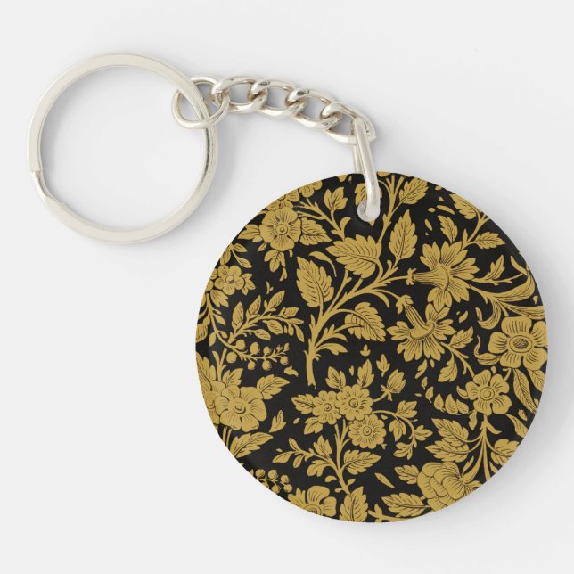 Antique Gold Floral Indian Lac-work Black Pattern Key Ring (Front)