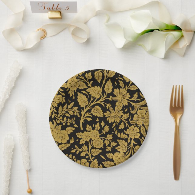Antique Gold Floral Indian Lac-work Black Pattern Paper Plate (Wedding)