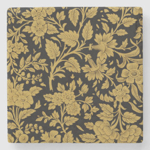 Antique Gold Floral Indian Lac-work Black Pattern Stone Coaster