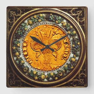 ANTIQUE GOLD FLORENTINE FORINT AND FLORAL CROWN SQUARE WALL CLOCK
