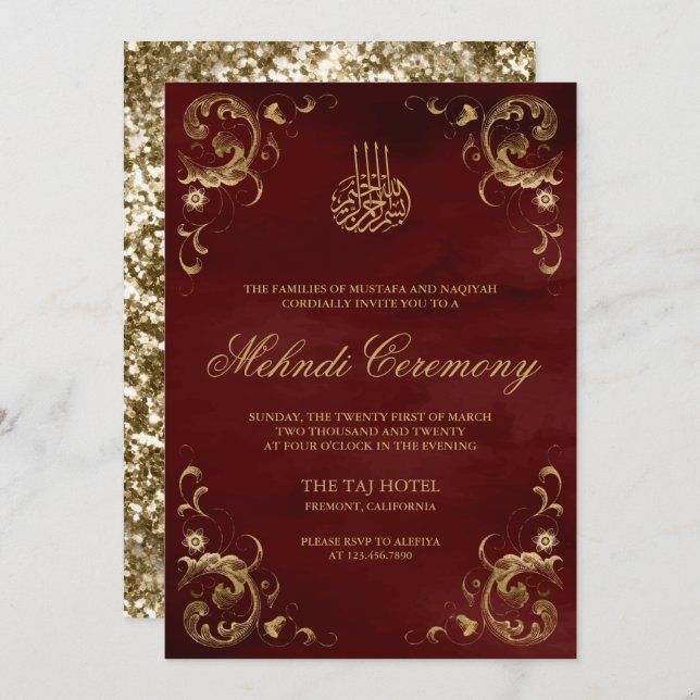 Antique Gold Frame Burgundy Red Islamic Mehndi Invitation (Front/Back)