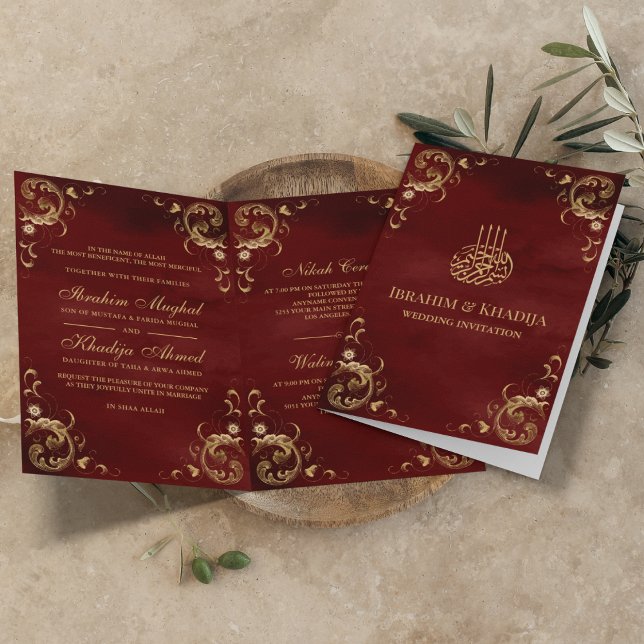 Antique Gold Frame Burgundy Red Islamic Wedding Invitation (Creator Uploaded)