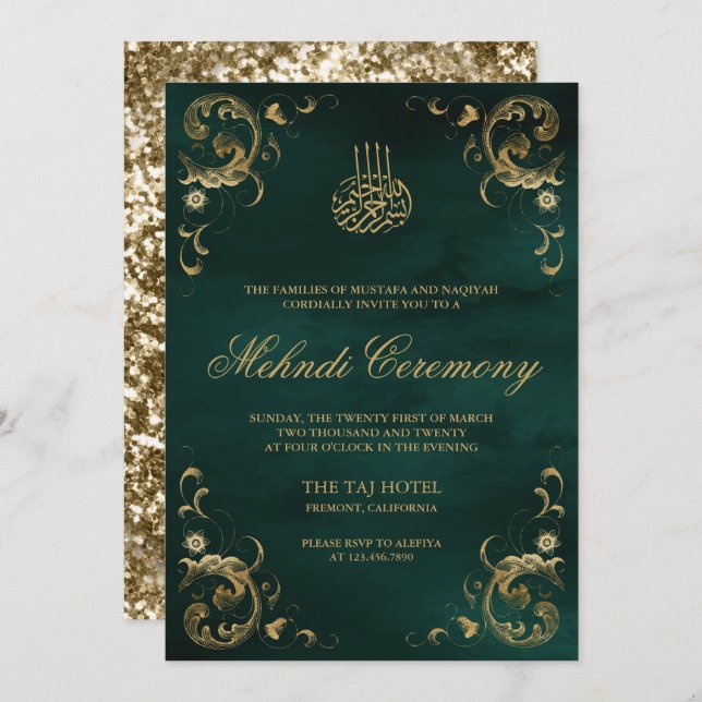 Antique Gold Frame Emerald Green Islamic Mehndi Invitation (Front/Back)