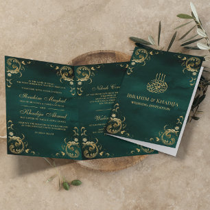 Antique Gold Frame Emerald Green Islamic Wedding Invitation