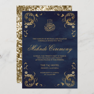 Antique Gold Frame Navy Blue Islamic Mehndi Invitation