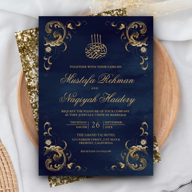Antique Gold Frame Navy Blue Islamic Wedding Invitation (Creator Uploaded)