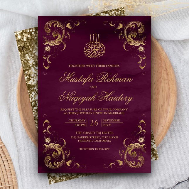 Antique Gold Frame Plum Purple Islamic Wedding Invitation (Creator Uploaded)