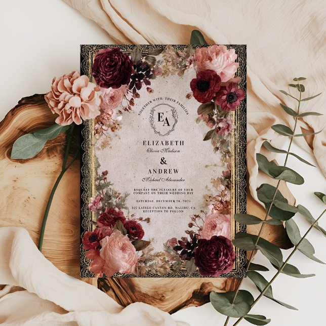 Antique Gold Frame with Deep Red Blooms Invitation (Creator Uploaded)