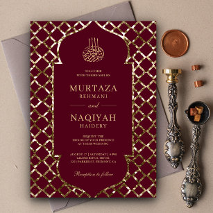 Antique Gold Glitter Frame Burgundy Muslim Wedding Invitation