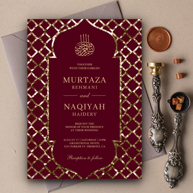 Antique Gold Glitter Frame Burgundy Muslim Wedding Invitation (Creator Uploaded)