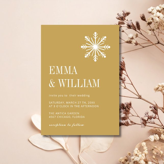Antique Gold Minimal Snowflake Calligraphy Wedding Invitation (Creator Uploaded)
