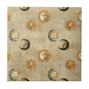 Antique Gold Moon Stars Cosmic Celestial Pattern Ceramic Tile
