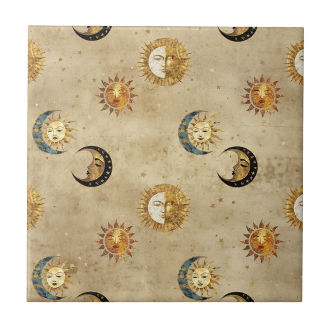 Antique Gold Moon Stars Cosmic Celestial Pattern Ceramic Tile (Front)