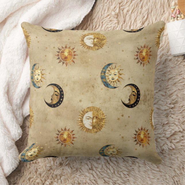 Antique Gold Moon Stars Cosmic Celestial Pattern Cushion (Blanket)