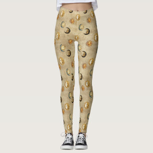 Antique Gold Moon Stars Cosmic Celestial Pattern Leggings
