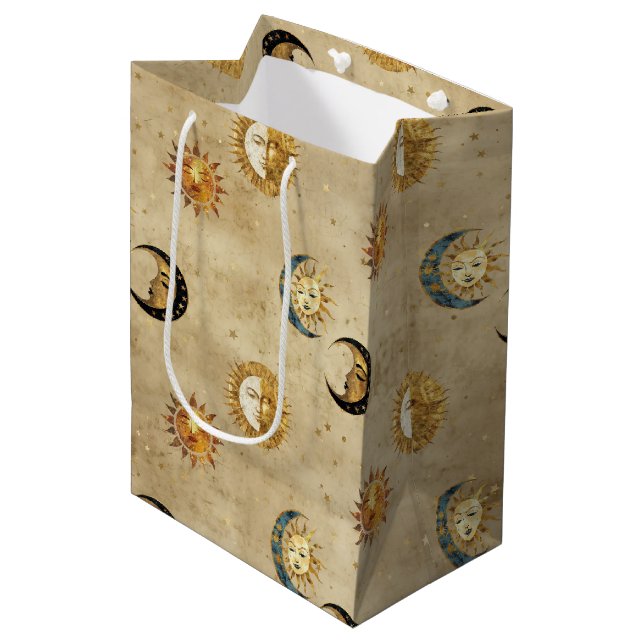 Antique Gold Moon Stars Cosmic Celestial Pattern Medium Gift Bag (Front Angled)