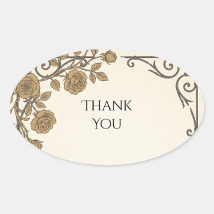 Antique Gold Rose Wedding Thank You Oval Sticker