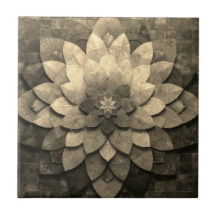 Antique Golden Mandala Art Textured Flower Ceramic Tile