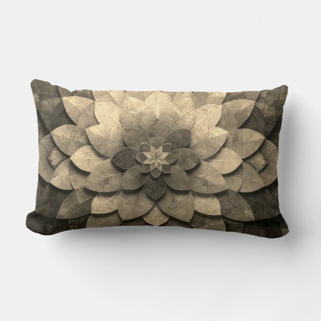 Antique Golden Mandala Art Textured Flower Lumbar Cushion (Front)
