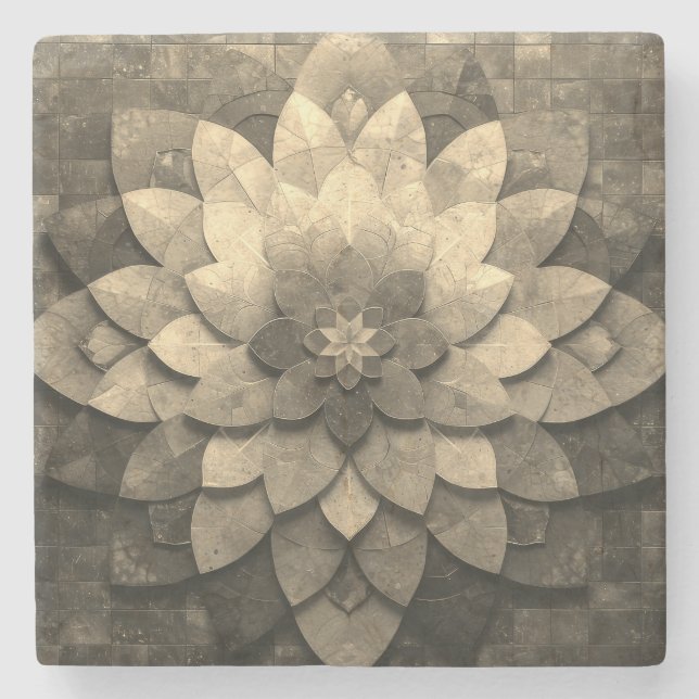 Antique Golden Mandala Art Textured Flower Stone Coaster (Front)