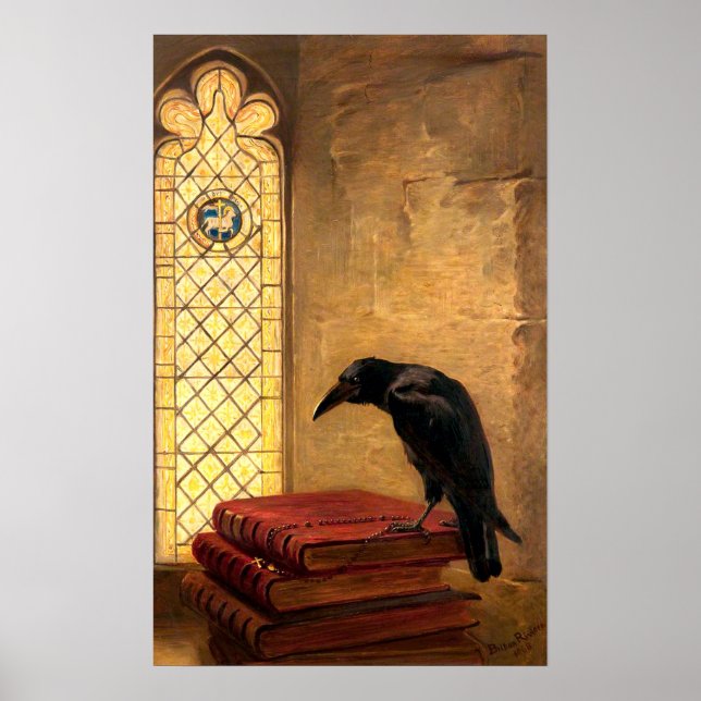 Antique Gothic Raven On Ancient Mediaeval Books Poster (Front)
