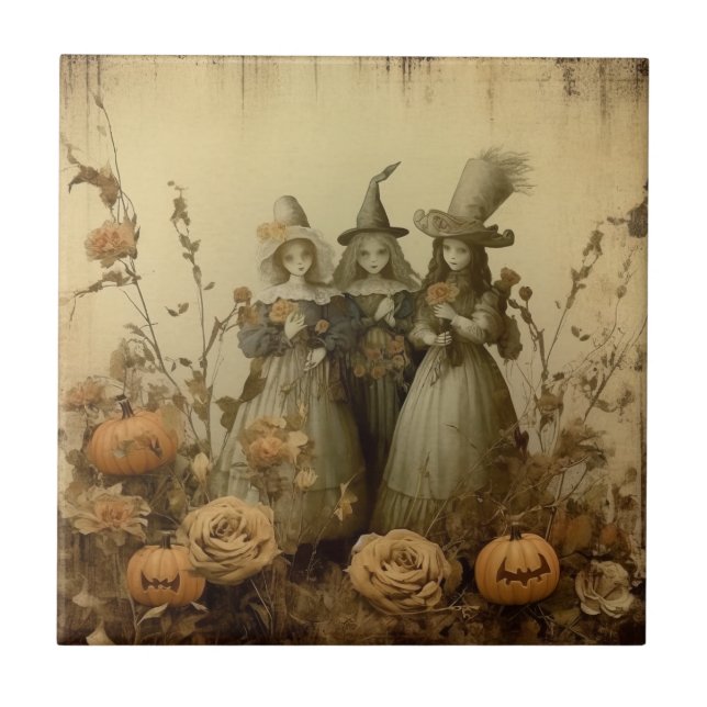 Antique Gothic Witch Trio Autumn Roses Ceramic Tile (Front)