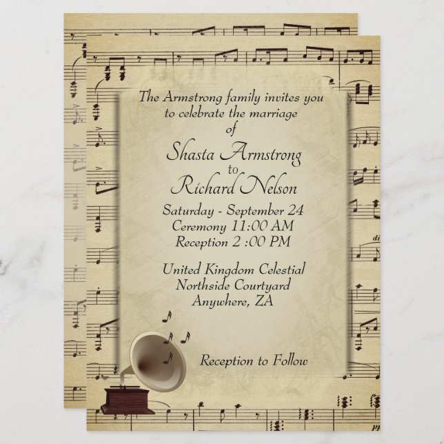 Antique Gramophone Music Wedding Theme Invitation (Front/Back)