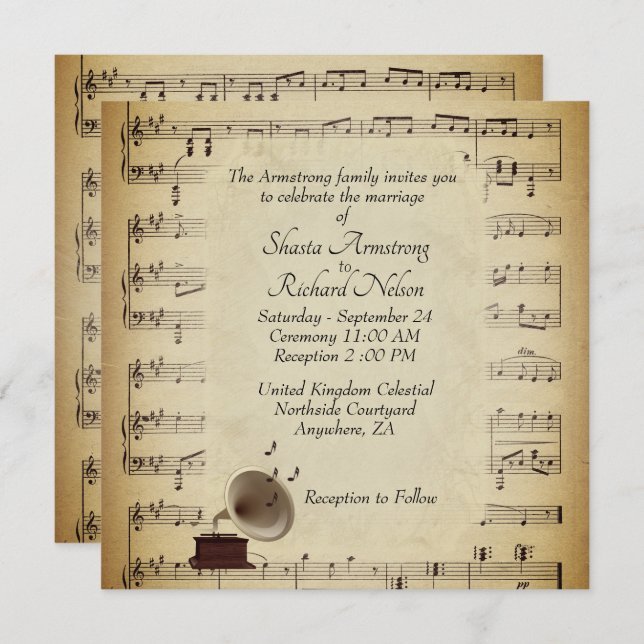Antique Gramophone Music Wedding Theme Invitation (Front/Back)