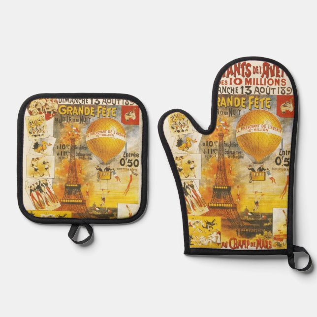 Antique Grand Fete Fair Paris Poster Oven Mitt & Pot Holder Set (Front)