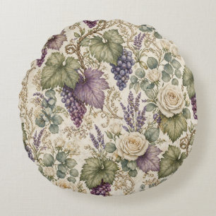 Antique Grapes, Lavender & White Roses Round Cushion