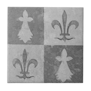 Antique Gray French Mediaeval Fleur de Lis Pattern Ceramic Tile