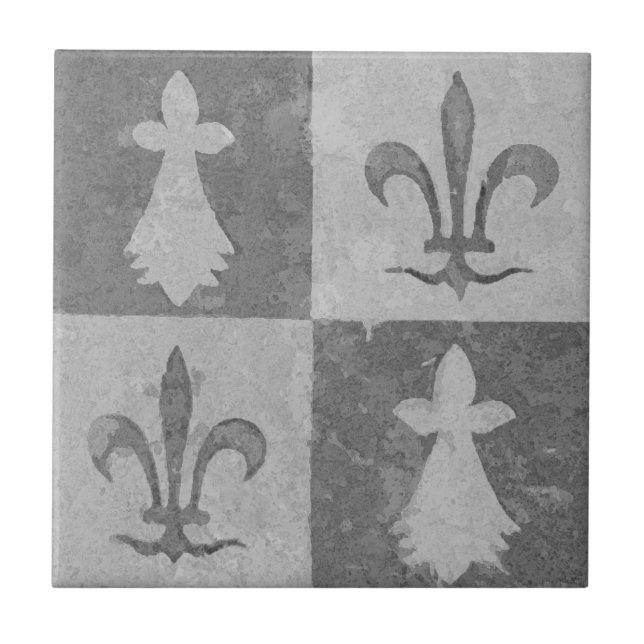 Antique Gray French Mediaeval Fleur de Lis Pattern Ceramic Tile (Front)
