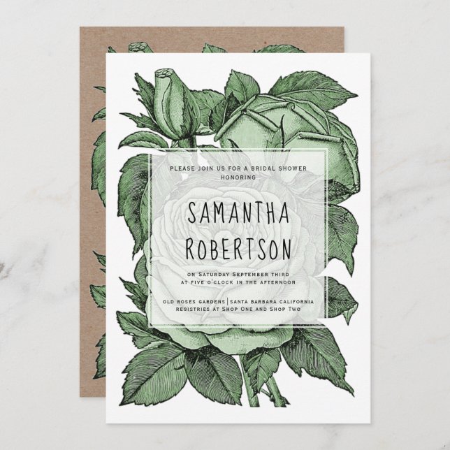 Antique green roses vintage wedding bridal shower invitation (Front/Back)