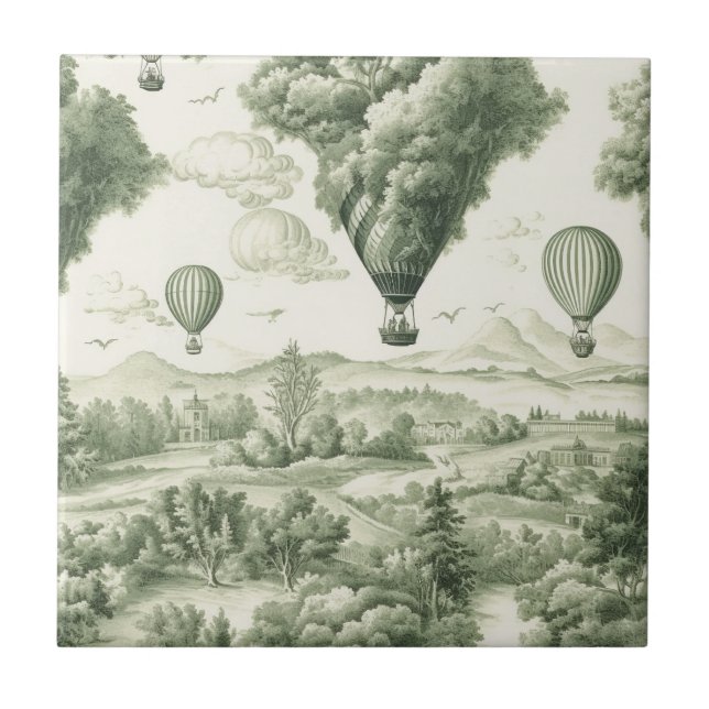 Antique Green Toile de Jouy Pastoral Pattern Ceramic Tile (Front)