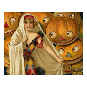 Antique Halloween Jack O Lantern Costume Woman Poster